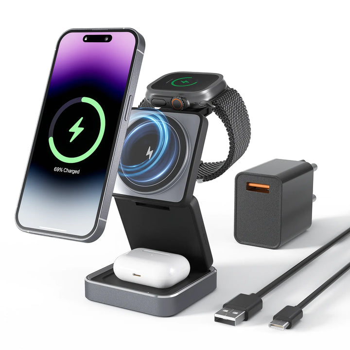 W90 Caricatore Wireless 3 in 1 Pieghevole 15 W, Compatibile con MagSafe