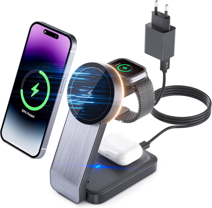 W79 Caricatore Wireless 3 in 1 Pieghevole 15 W con Luce Regolabile