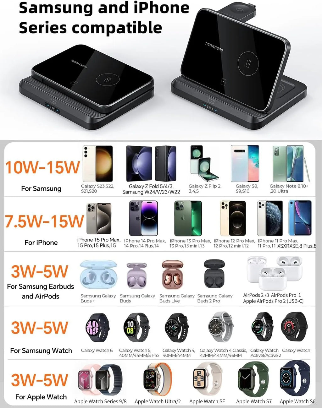 W82 Nero caricatore wireless 3 in 1 pieghevole