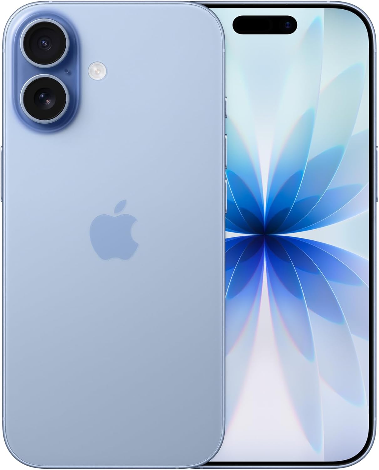 Apple iPhone 17 azzurro nebbia, vista frontale e posteriore