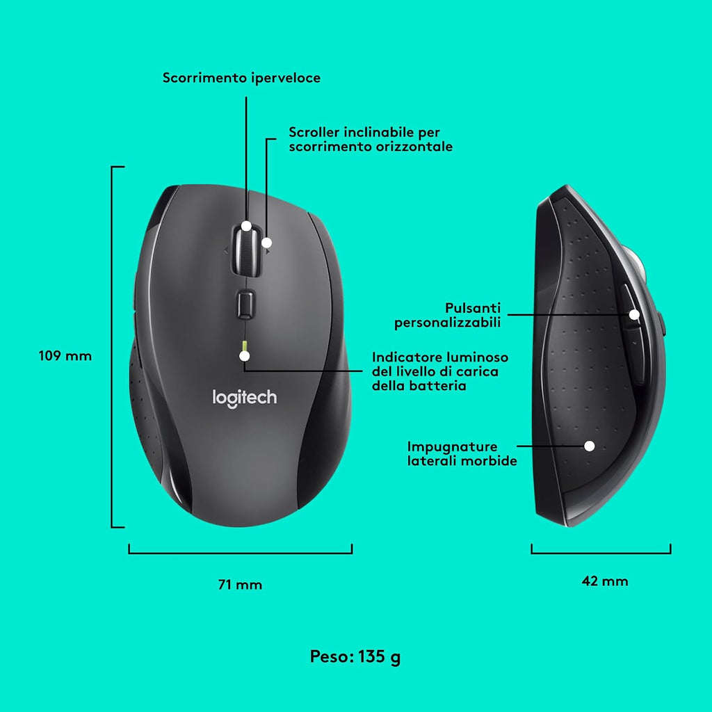 Logitech M705 dimensioni comandi e scroller inclinabile