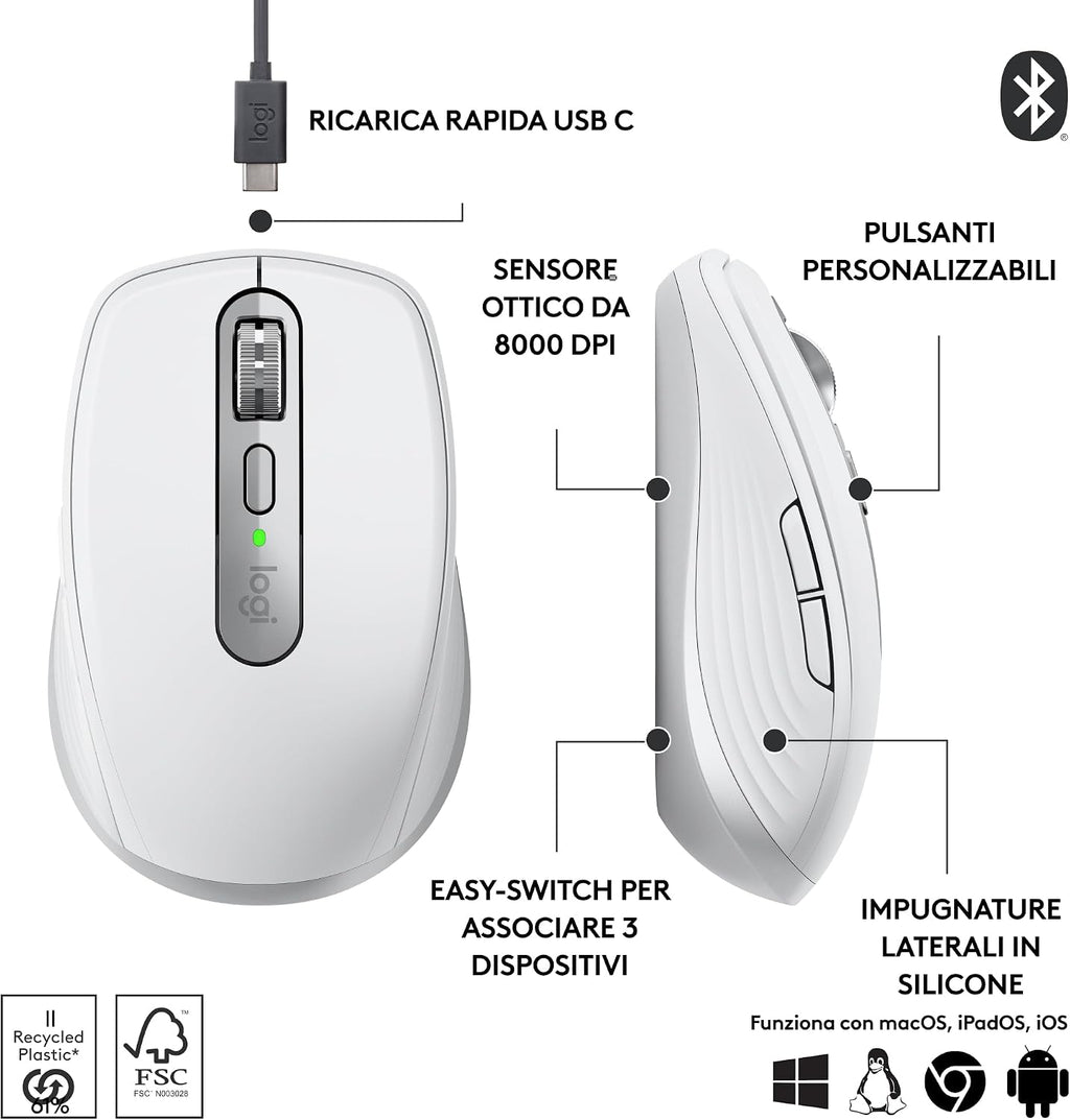 Logitech MX Anywhere 3S Pale Grey - Bluetooth, USB-C, 8000 DPI ed Easy-Switch