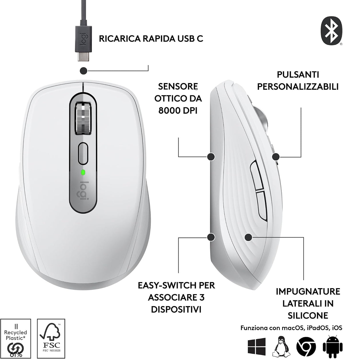 Logitech MX Anywhere 3S Pale Grey - Bluetooth, USB-C, 8000 DPI ed Easy-Switch