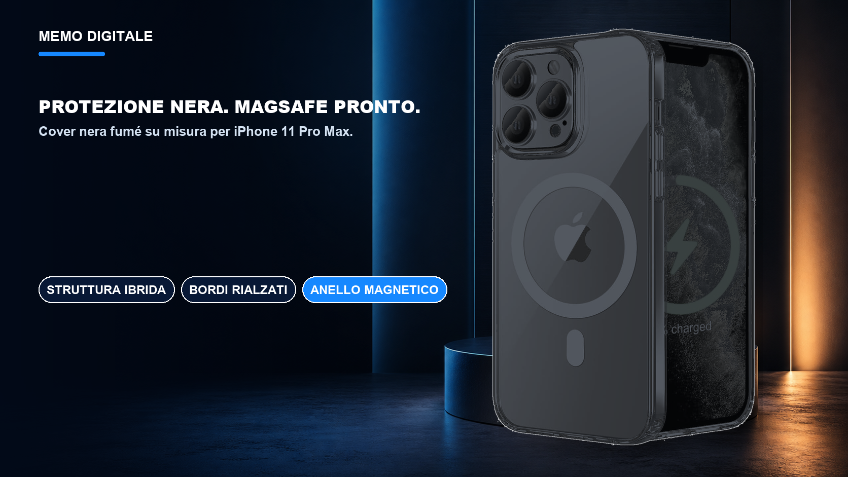 iPhone 11 Pro Max · Protezione nera. MagSafe pronto.