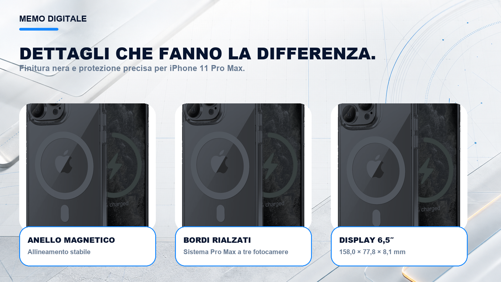 iPhone 11 Pro Max · Dettagli su misura: Sistema Pro Max a tre fotocamere; display 6,5″