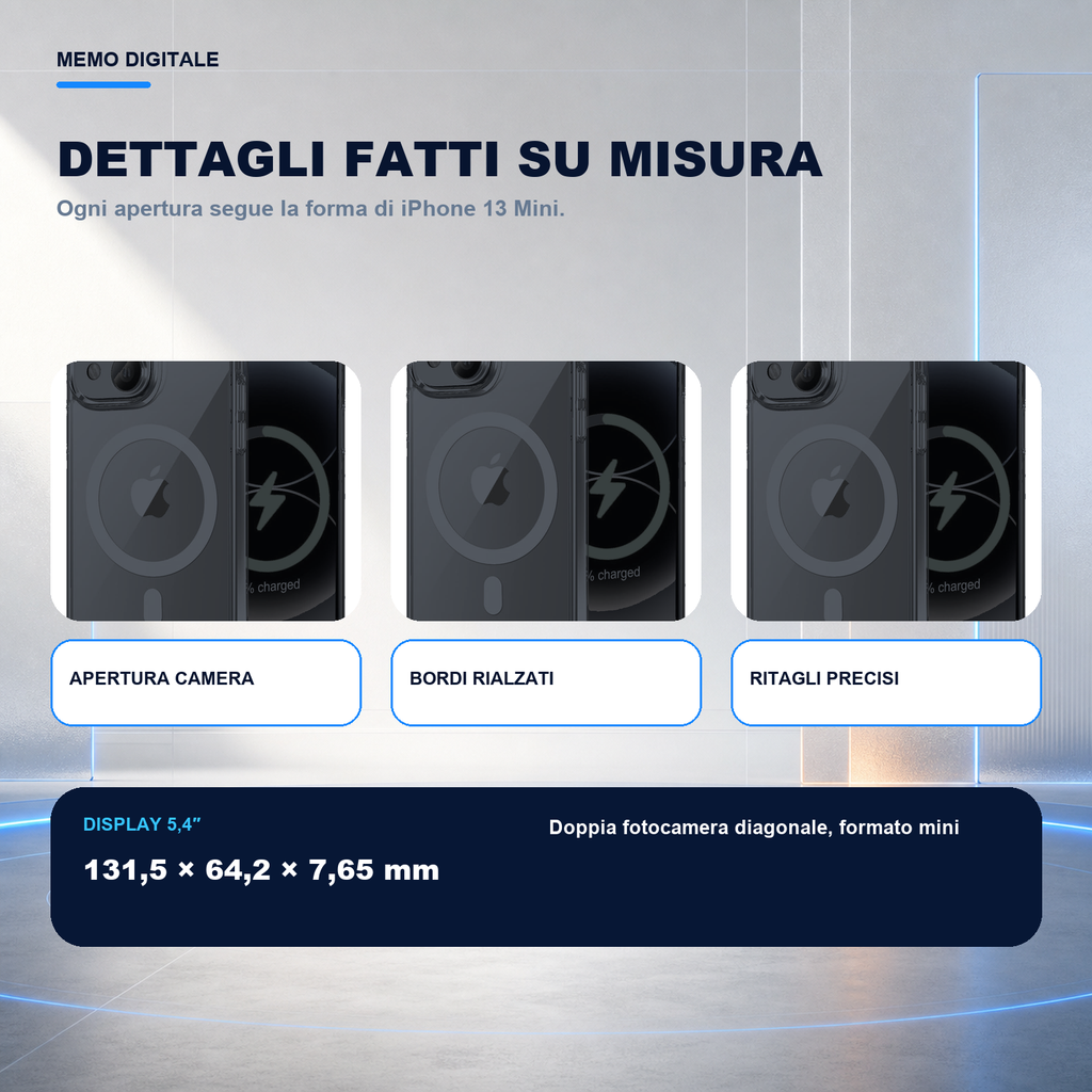iPhone 13 Mini | Cover nera MagSafe | Dettagli e ritagli su misura