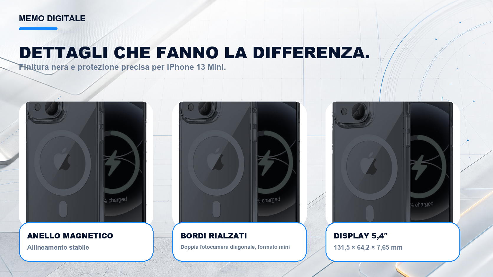 iPhone 13 Mini · Dettagli su misura: Doppia fotocamera diagonale, formato mini; display 5,4″