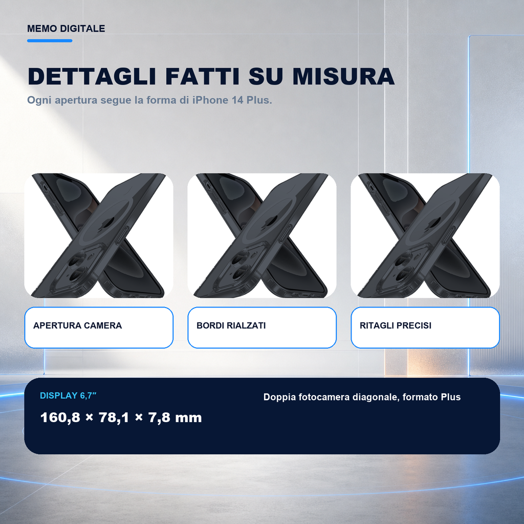 iPhone 14 Plus | Cover nera MagSafe | Dettagli e ritagli su misura