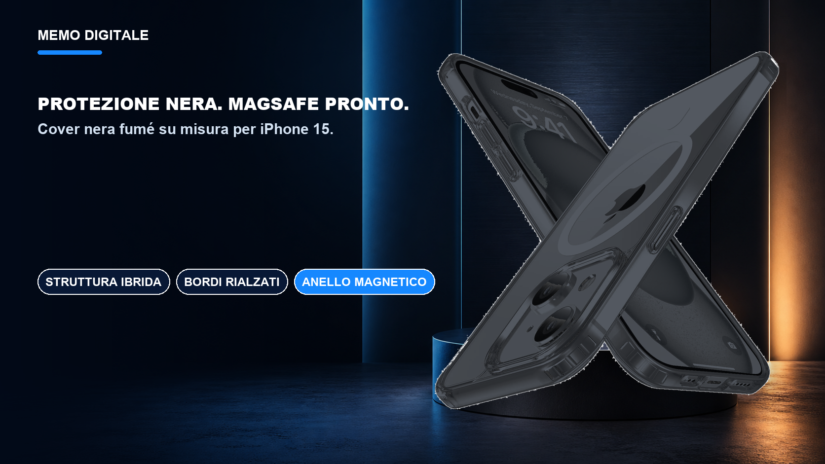 iPhone 15 · Protezione nera. MagSafe pronto.