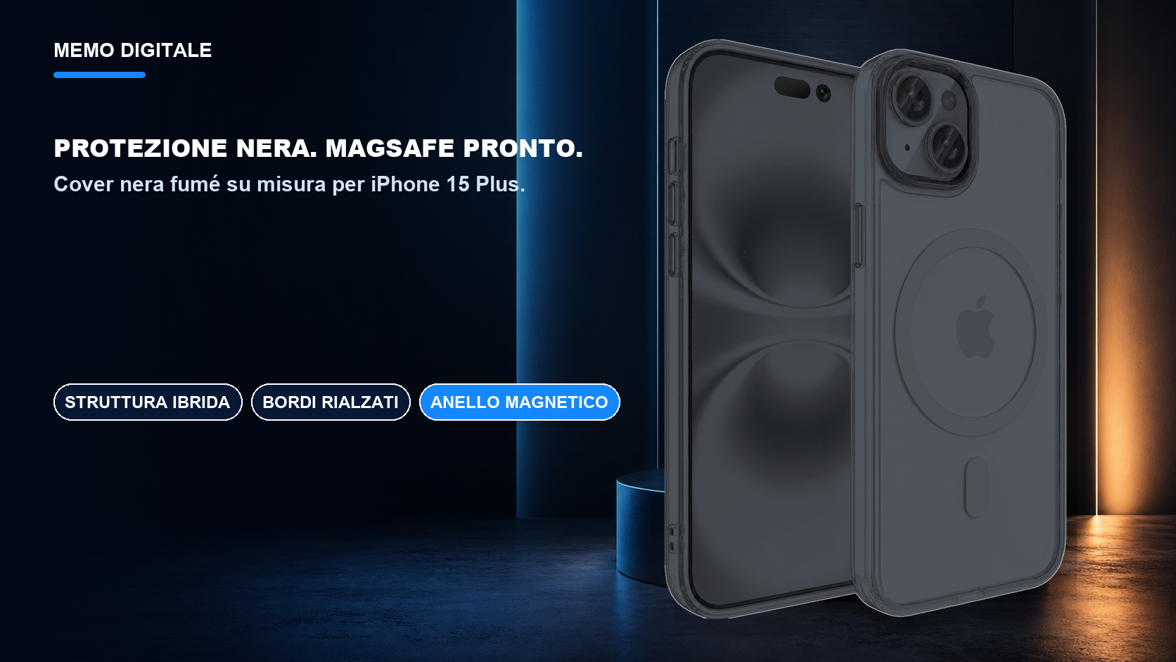 iPhone 15 Plus · Protezione nera. MagSafe pronto.