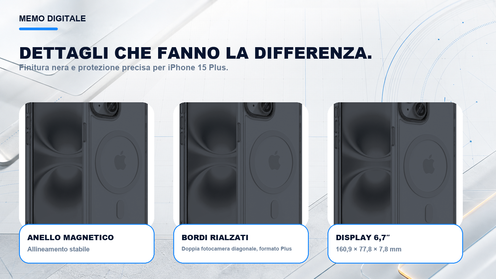 iPhone 15 Plus · Dettagli su misura: Doppia fotocamera diagonale, formato Plus; display 6,7″