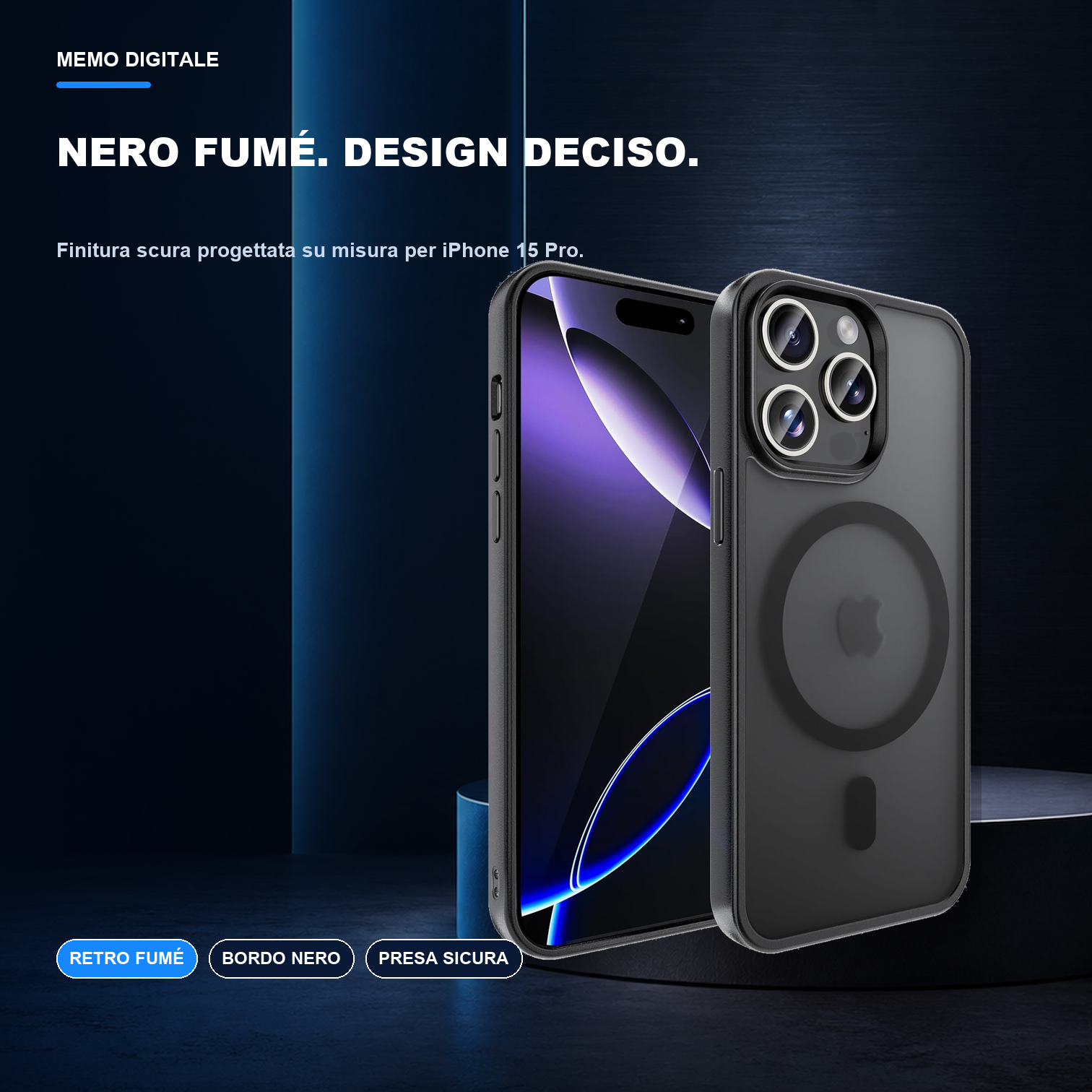 iPhone 15 Pro | Cover nera MagSafe | Finitura nera fumé