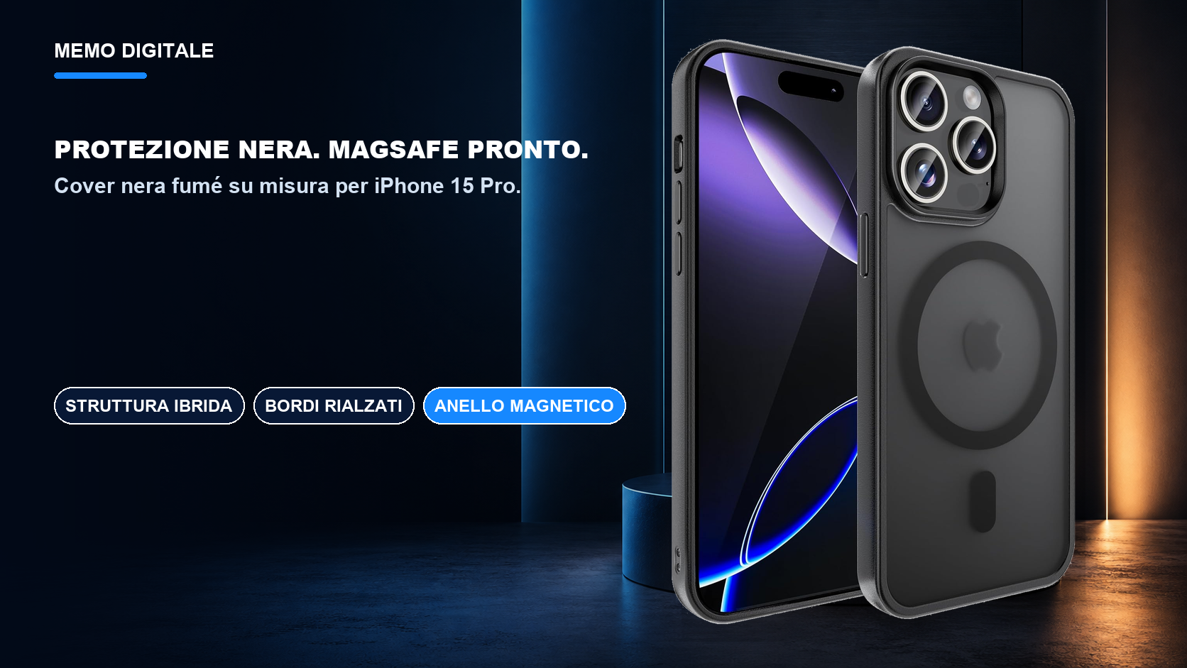 iPhone 15 Pro · Protezione nera. MagSafe pronto.