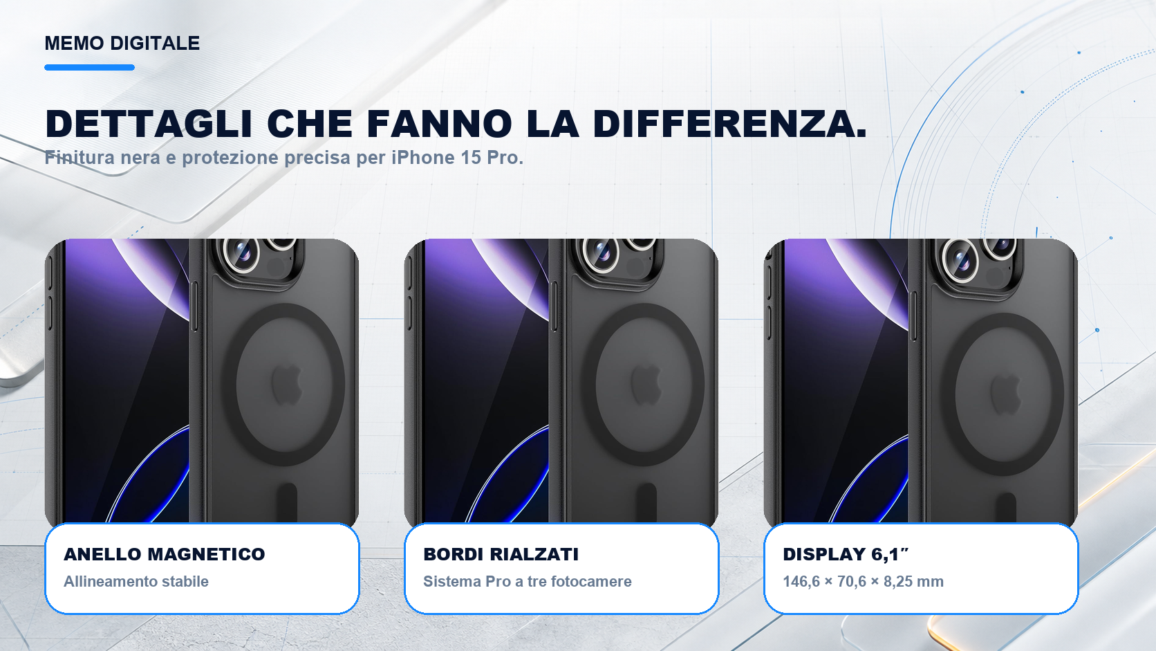 iPhone 15 Pro · Dettagli su misura: Sistema Pro a tre fotocamere; display 6,1″