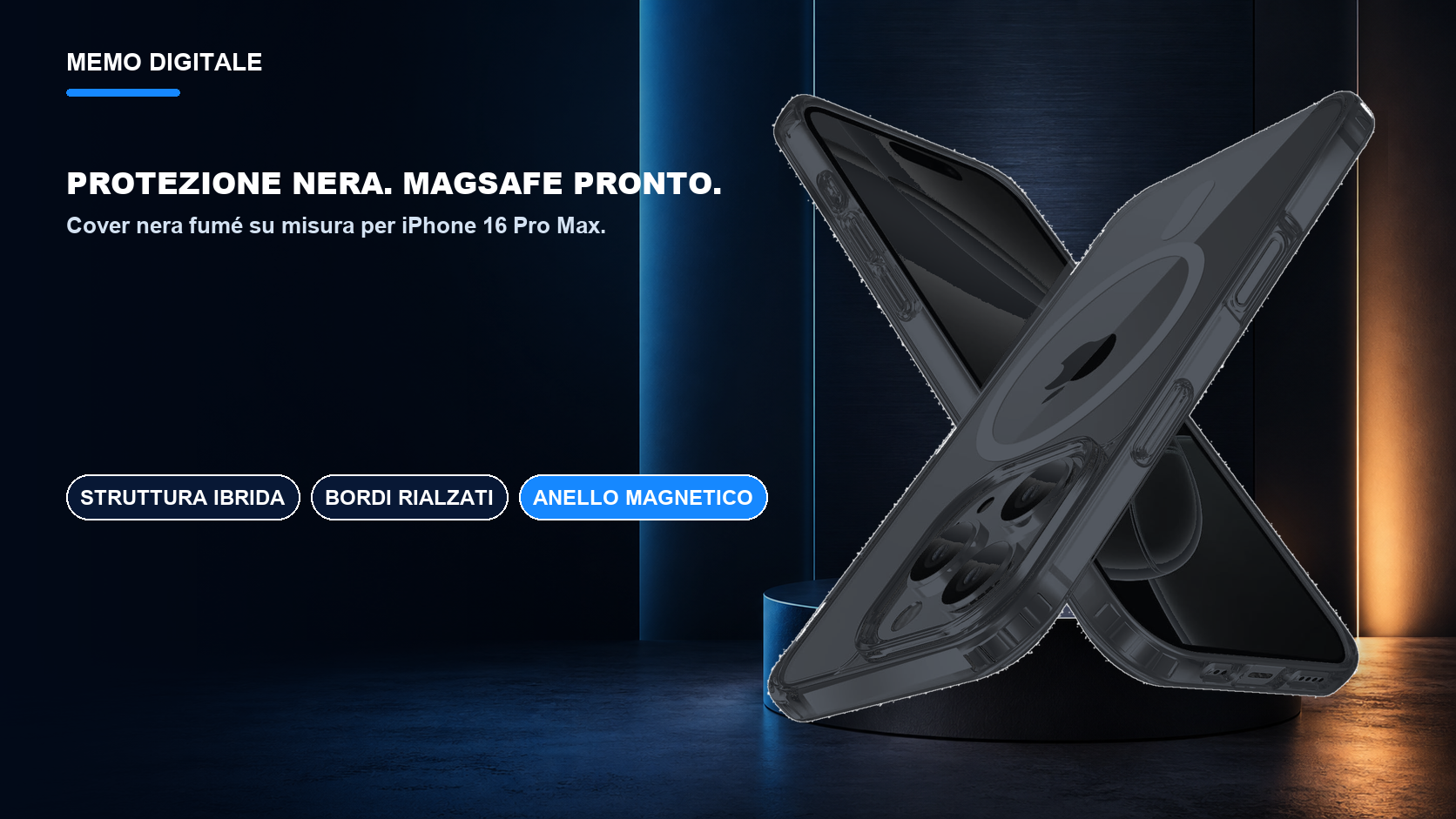 iPhone 16 Pro Max · Protezione nera. MagSafe pronto.