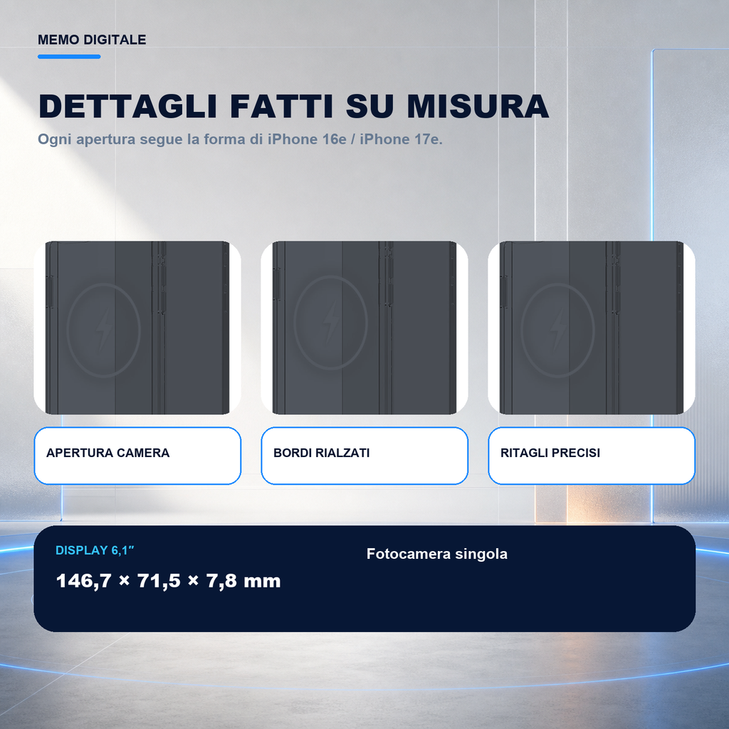iPhone 16e / iPhone 17e | Cover nera MagSafe | Dettagli e ritagli su misura