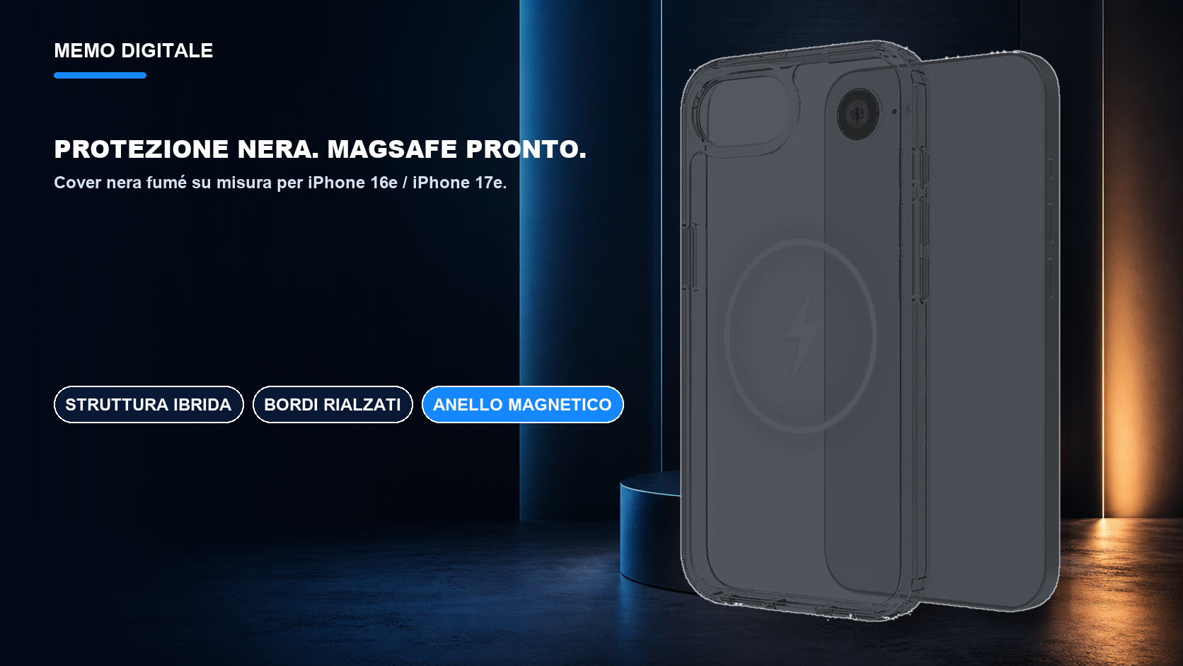 iPhone 16e / iPhone 17e · Protezione nera. MagSafe pronto.