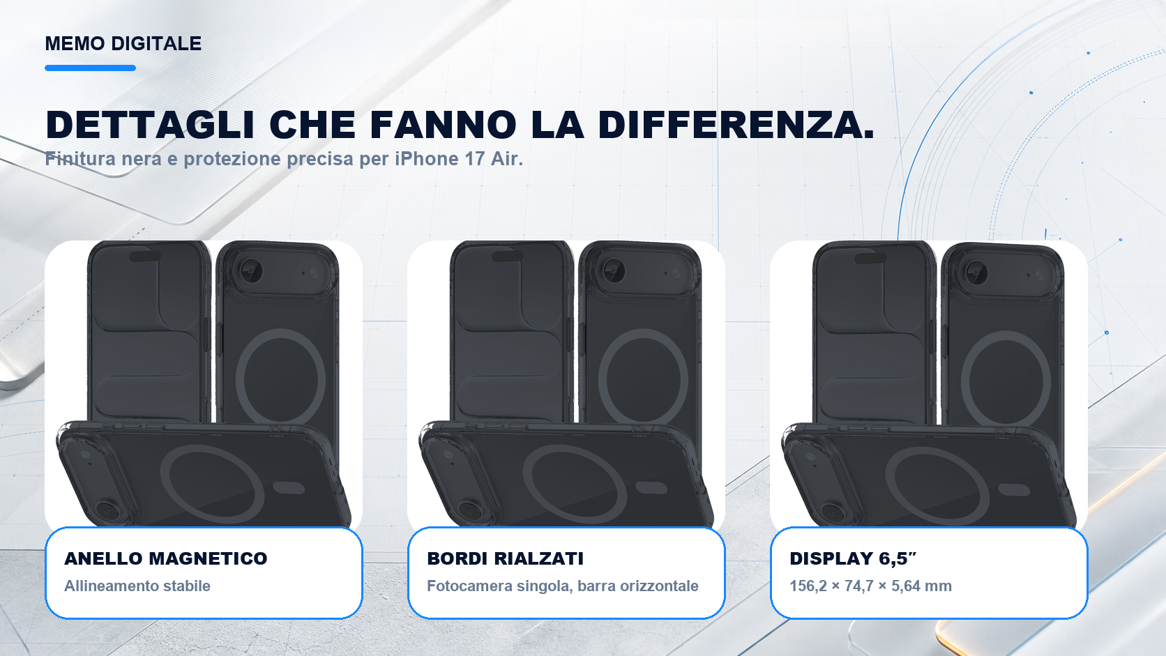 iPhone 17 Air · Dettagli su misura: Fotocamera singola, barra orizzontale; display 6,5″