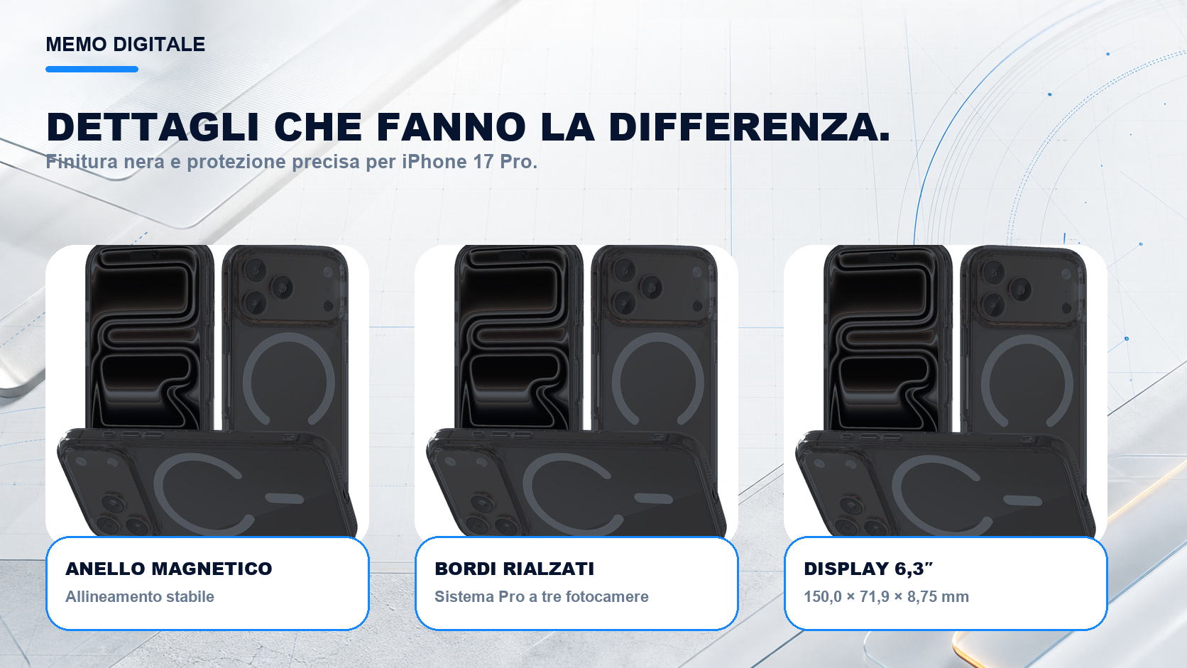 iPhone 17 Pro · Dettagli su misura: Sistema Pro a tre fotocamere; display 6,3″