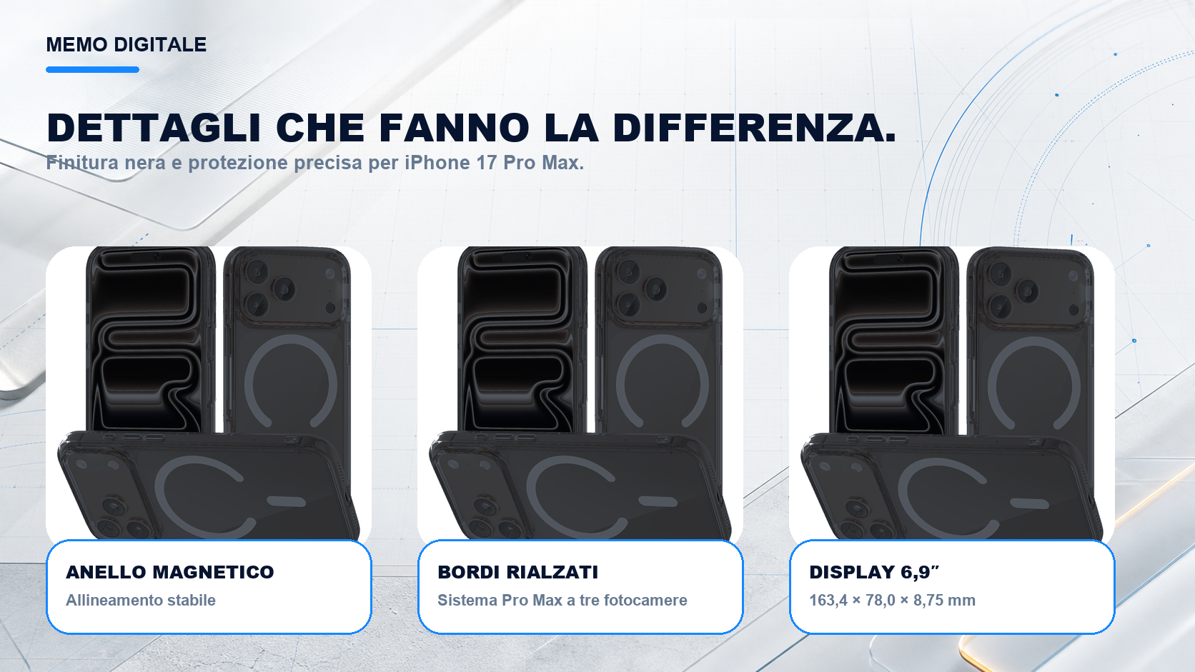 iPhone 17 Pro Max · Dettagli su misura: Sistema Pro Max a tre fotocamere; display 6,9″