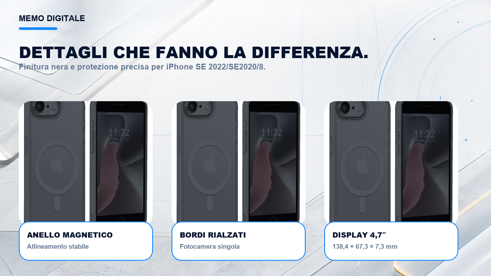iPhone SE 2022/SE2020/8 · Dettagli su misura: Fotocamera singola; display 4,7″