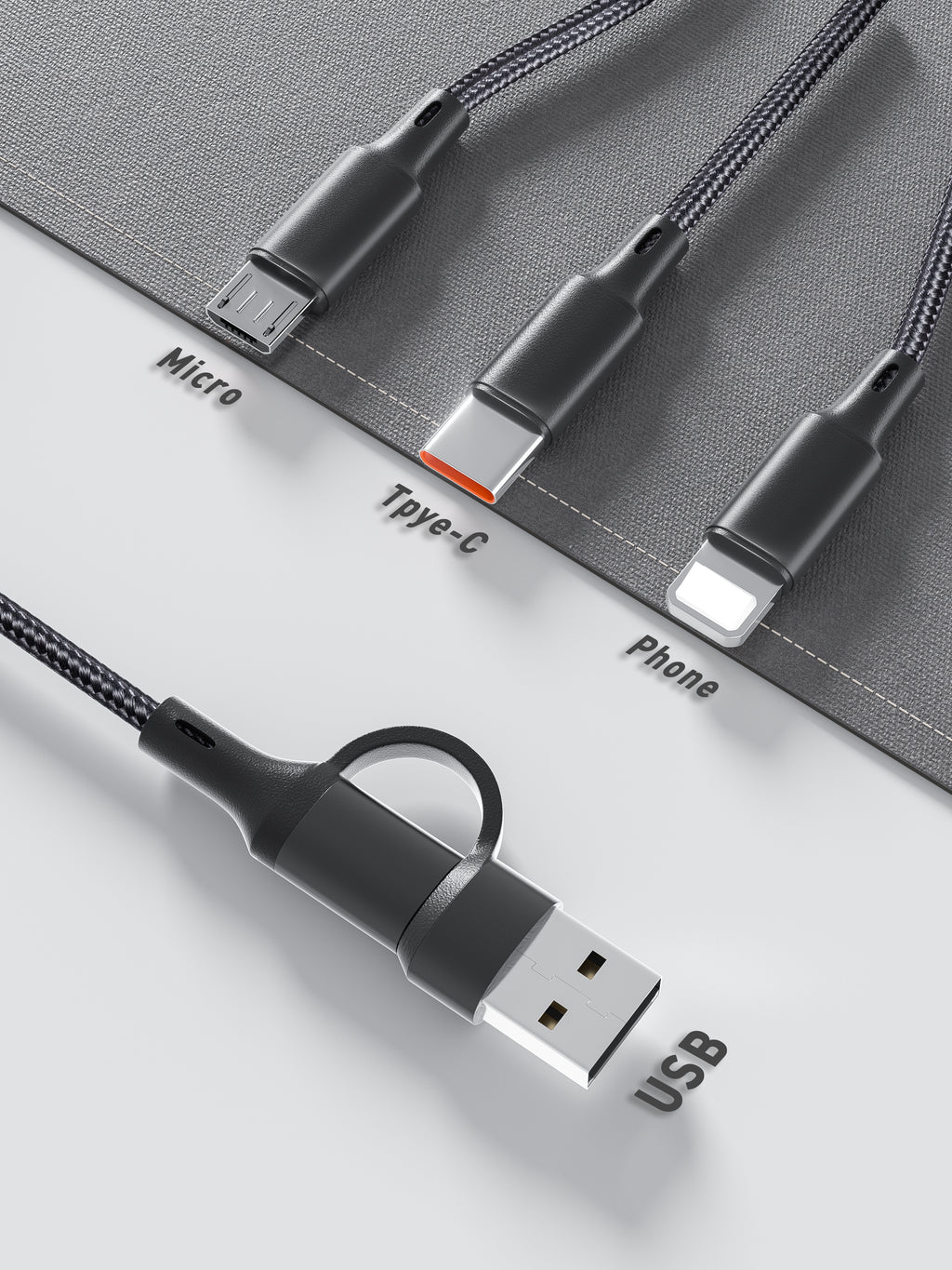 Connettori del cavo 4 in 1: Micro-USB, USB-C, Lightning e ingresso USB-A o USB-C