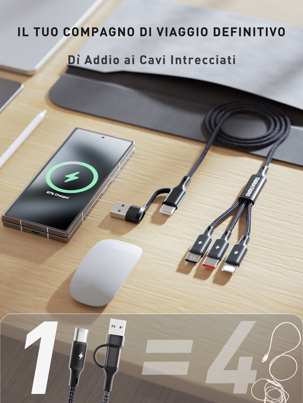 Cavo multiplo 4 in 1 compatto per viaggio e uso quotidiano