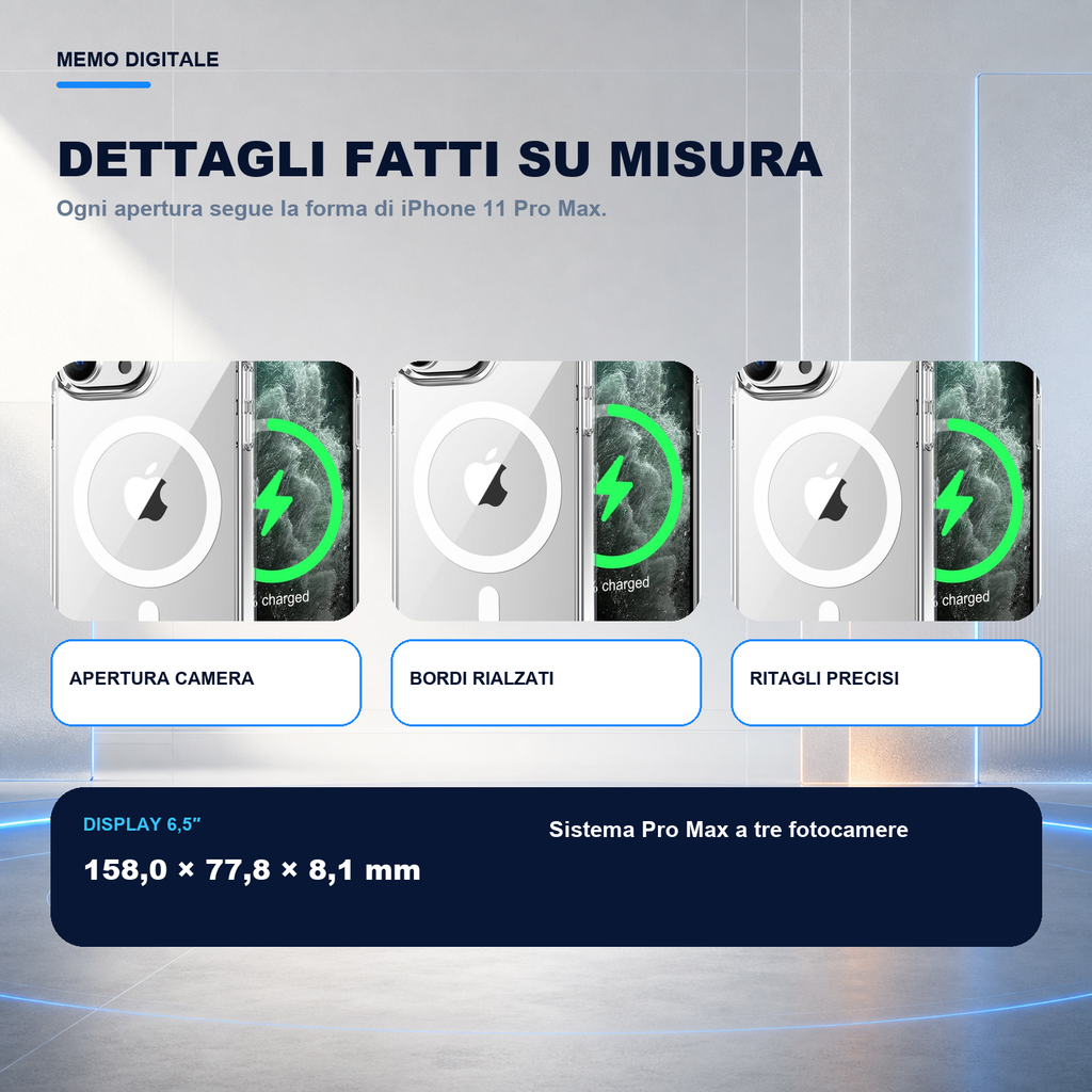 iPhone 11 Pro Max | Cover trasparente MagSafe | Dettagli e ritagli su misura