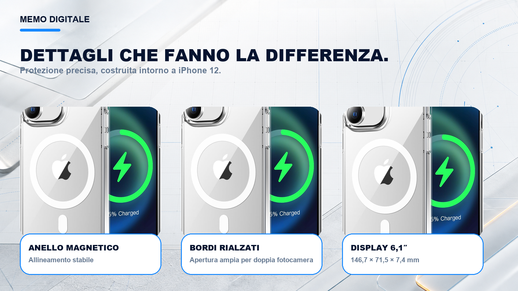 iPhone 12 · Dettagli su misura: Apertura ampia per doppia fotocamera; display 6,1″