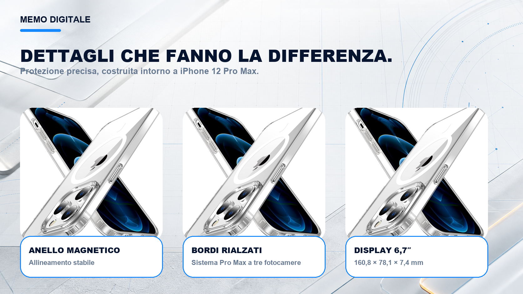 iPhone 12 Pro Max · Dettagli su misura: Sistema Pro Max a tre fotocamere; display 6,7″