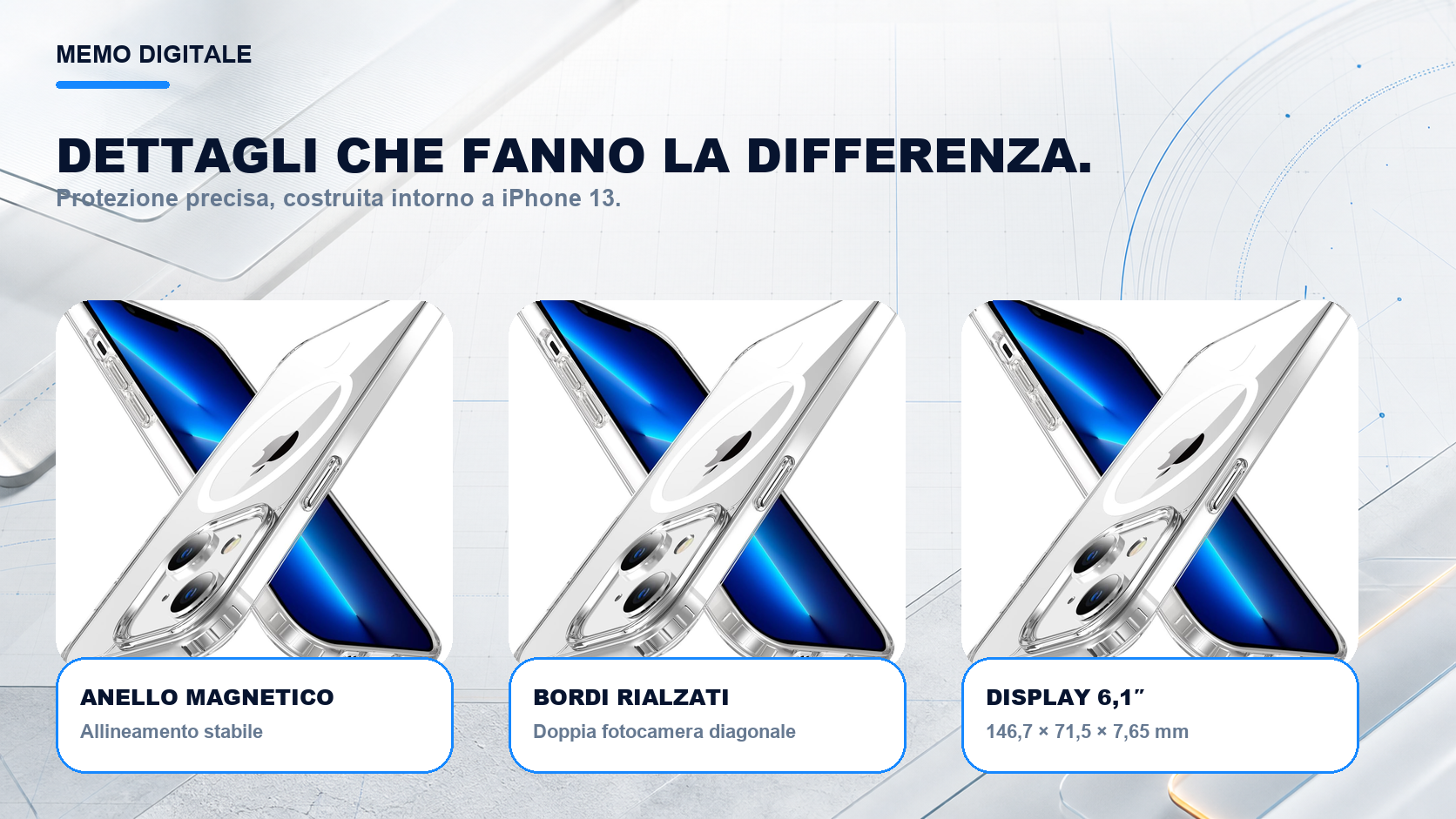 iPhone 13 · Dettagli su misura: Doppia fotocamera diagonale; display 6,1″