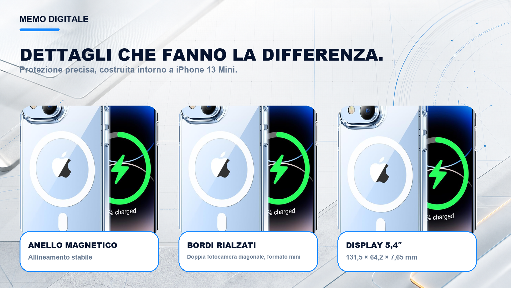 iPhone 13 Mini · Dettagli su misura: Doppia fotocamera diagonale, formato mini; display 5,4″