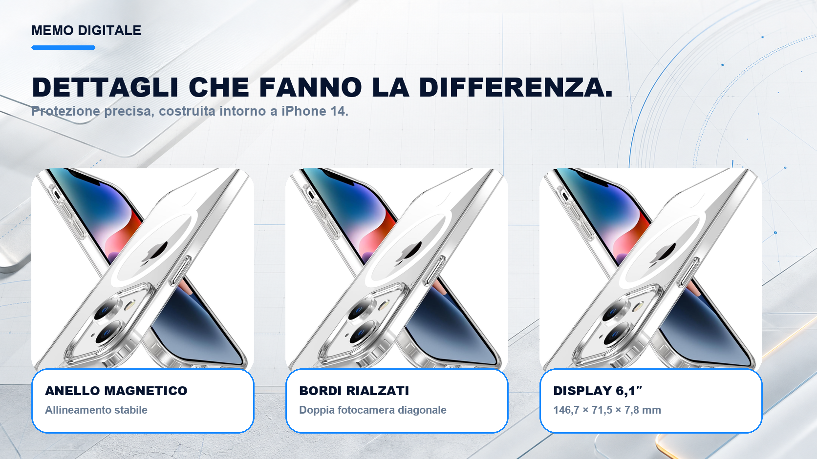 iPhone 14 · Dettagli su misura: Doppia fotocamera diagonale; display 6,1″