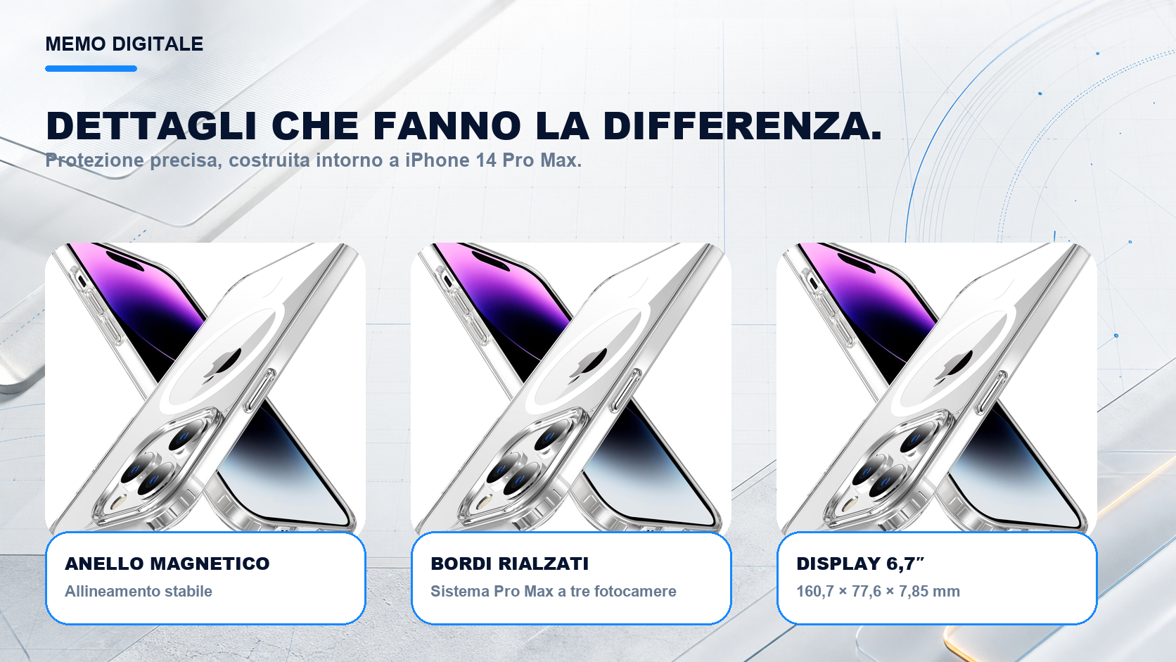 iPhone 14 Pro Max · Dettagli su misura: Sistema Pro Max a tre fotocamere; display 6,7″