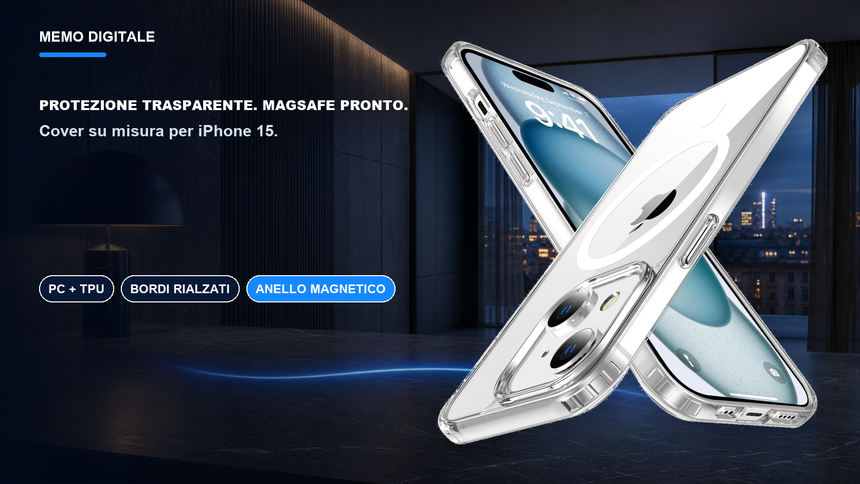 iPhone 15 · Protezione trasparente. MagSafe pronto.