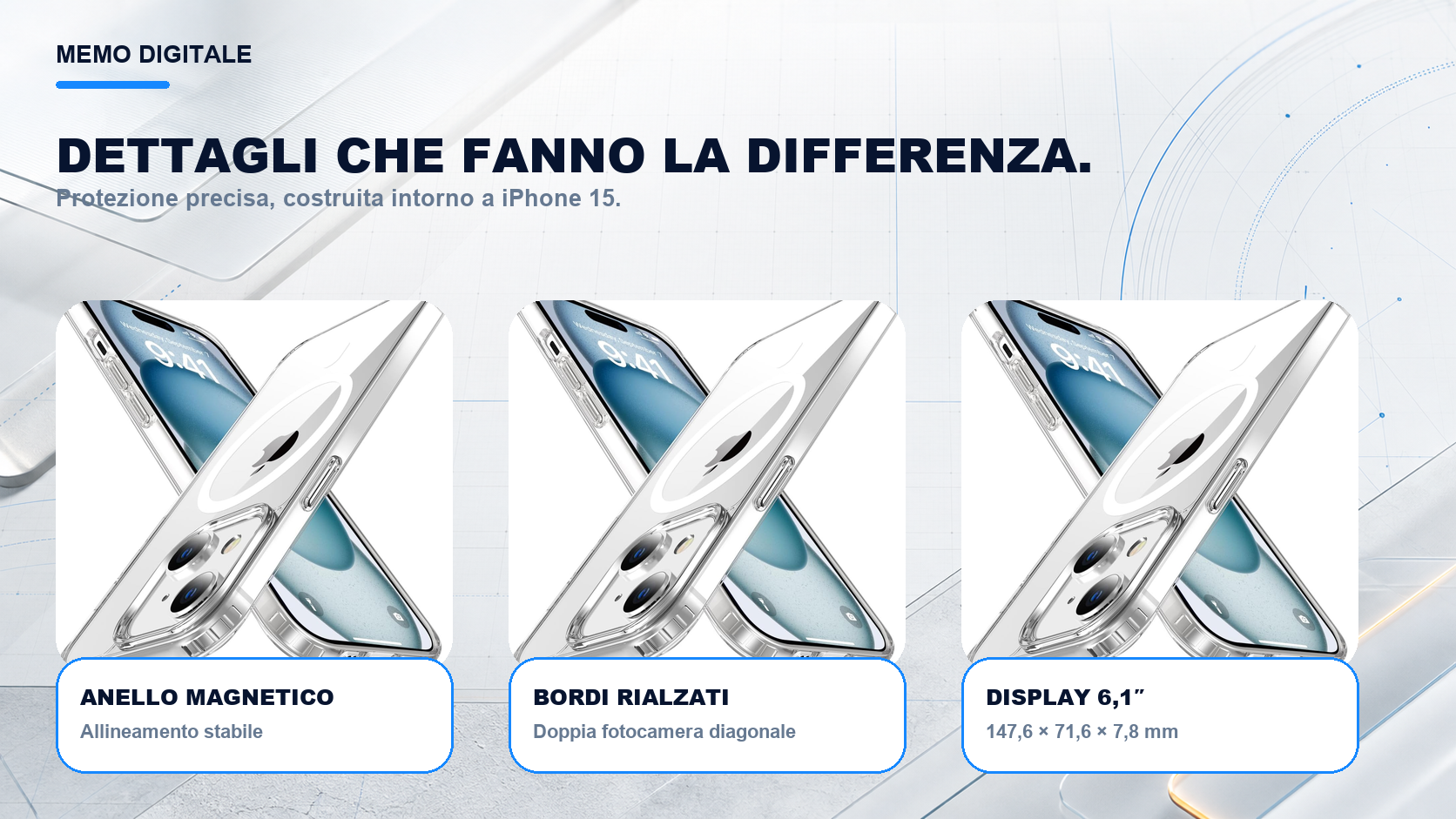 iPhone 15 · Dettagli su misura: Doppia fotocamera diagonale; display 6,1″