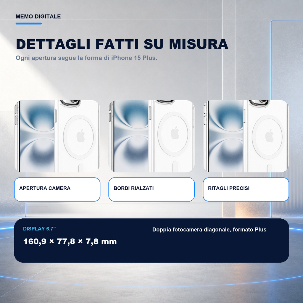 iPhone 15 Plus | Cover trasparente MagSafe | Dettagli e ritagli su misura