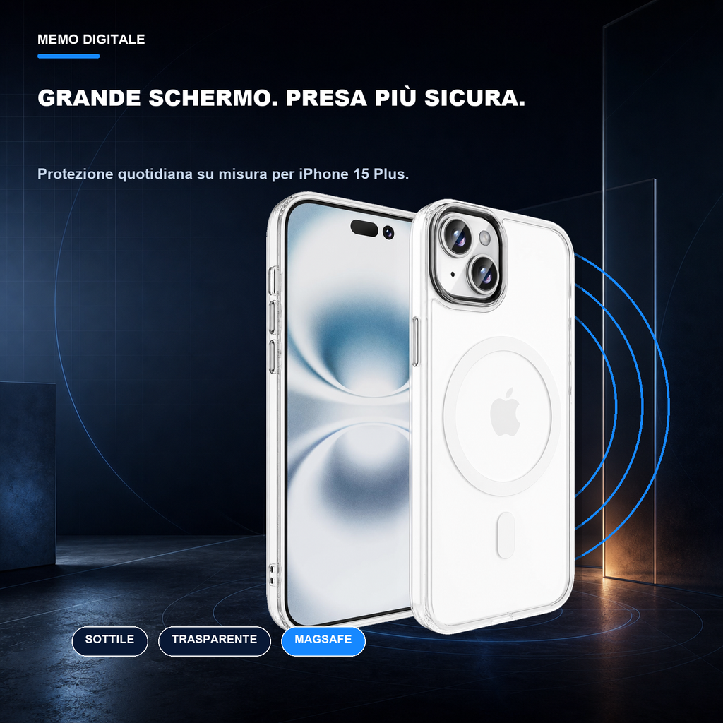 iPhone 15 Plus | Cover trasparente MagSafe | Profilo sottile e presa sicura