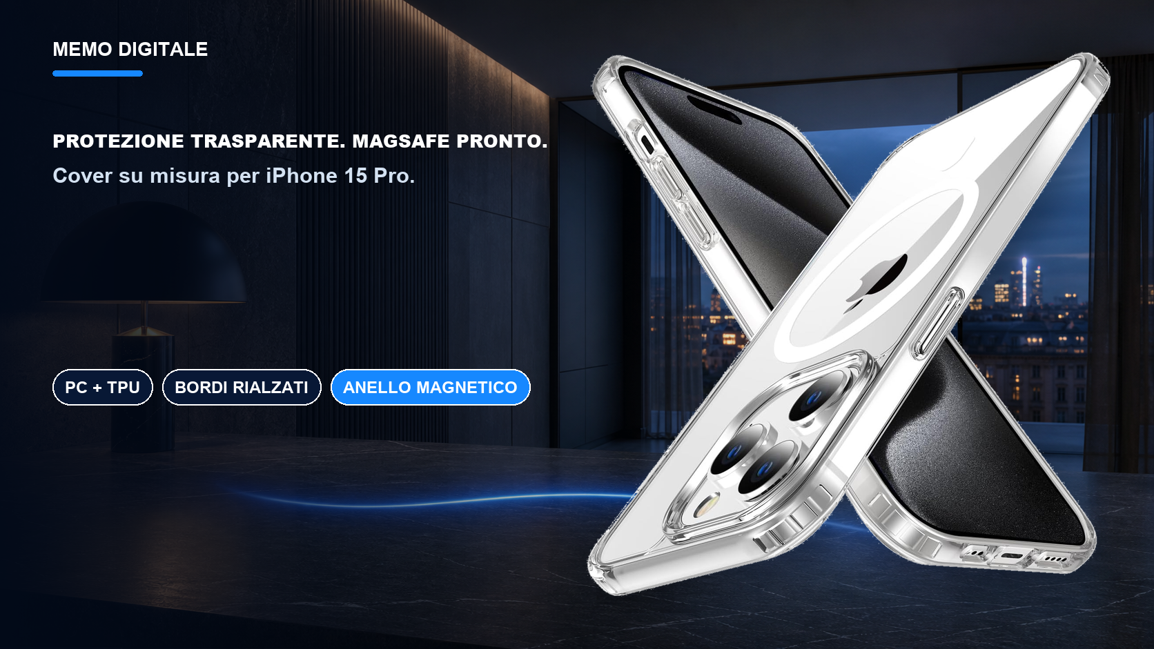 iPhone 15 Pro · Protezione trasparente. MagSafe pronto.