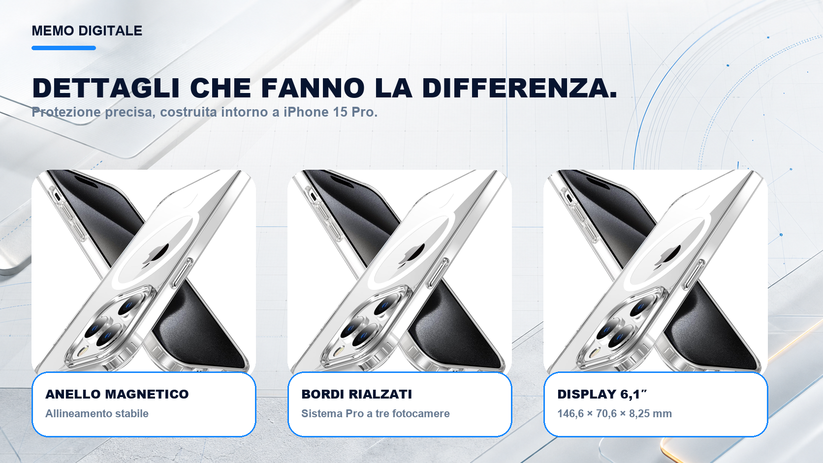 iPhone 15 Pro · Dettagli su misura: Sistema Pro a tre fotocamere; display 6,1″