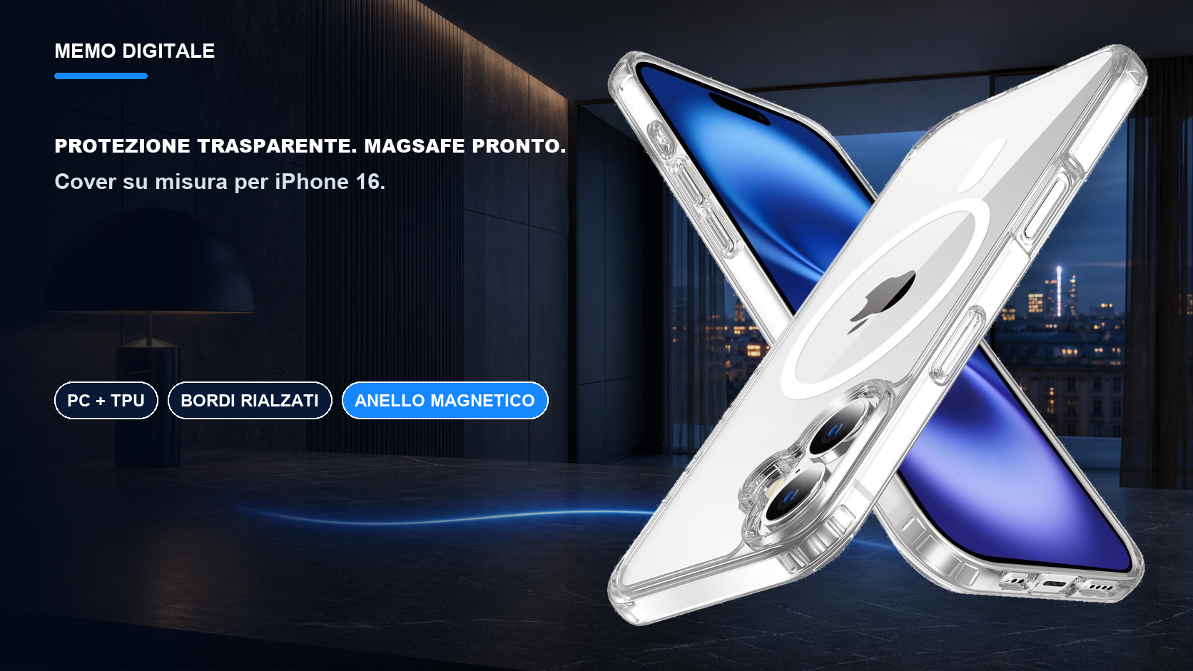 iPhone 16 · Protezione trasparente. MagSafe pronto.