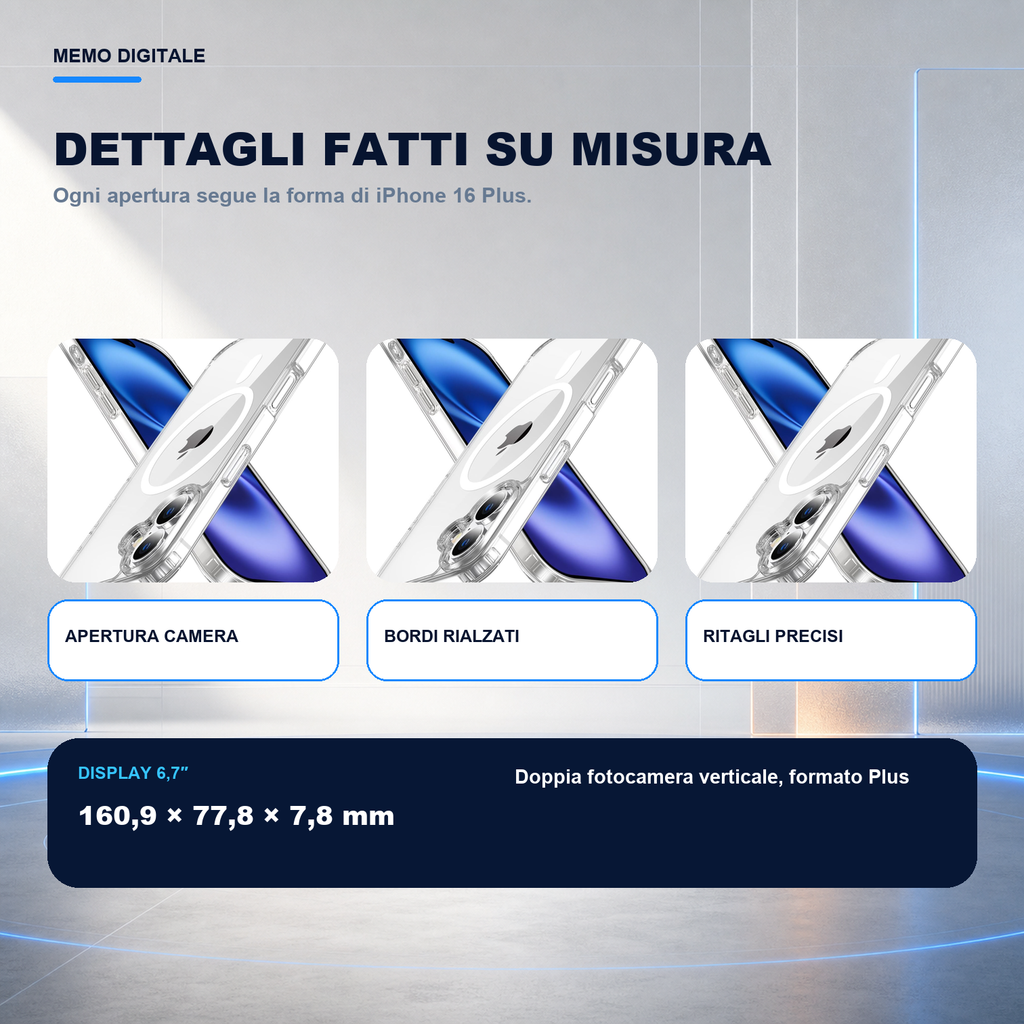 iPhone 16 Plus | Cover trasparente MagSafe | Dettagli e ritagli su misura
