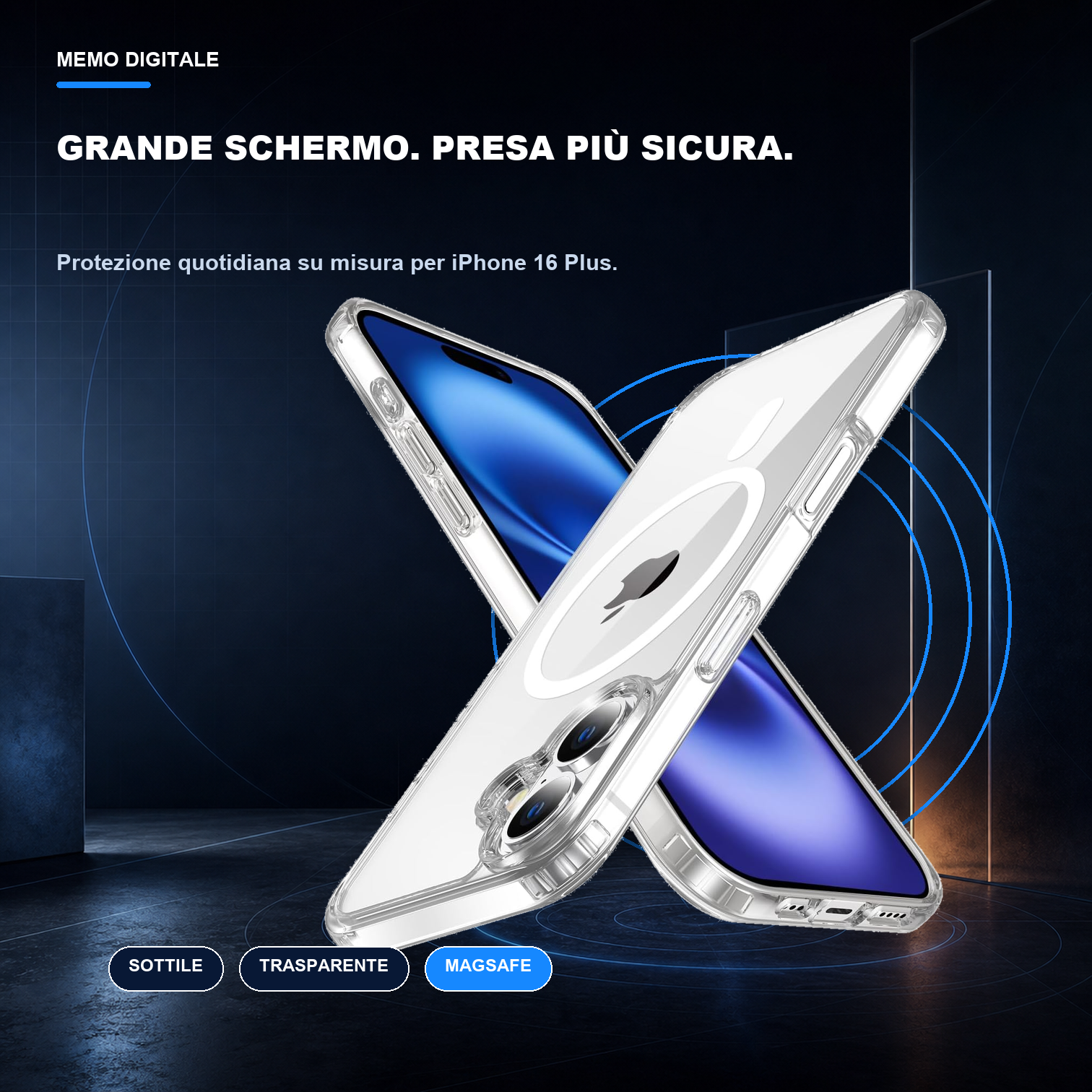 iPhone 16 Plus | Cover trasparente MagSafe | Profilo sottile e presa sicura