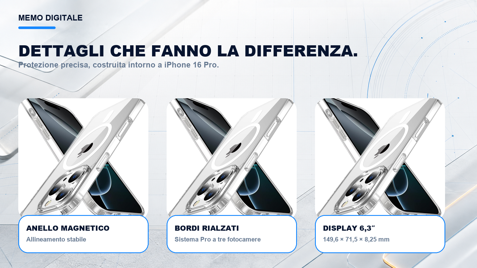 iPhone 16 Pro · Dettagli su misura: Sistema Pro a tre fotocamere; display 6,3″