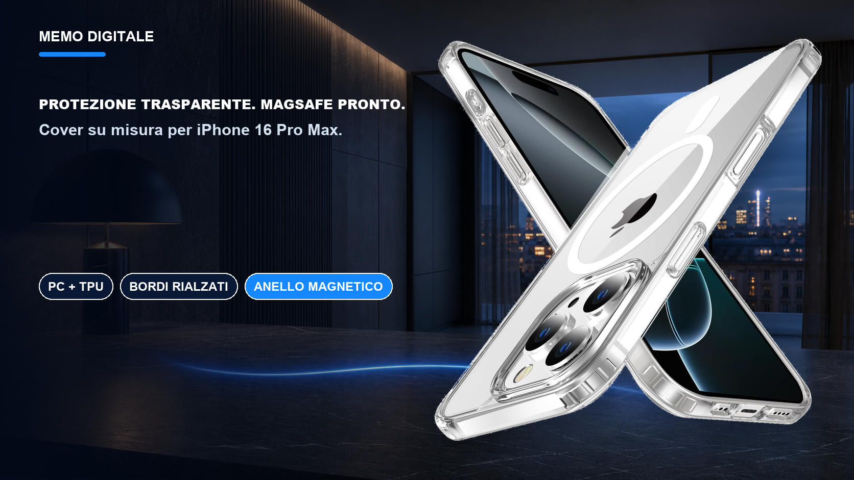 iPhone 16 Pro Max · Protezione trasparente. MagSafe pronto.