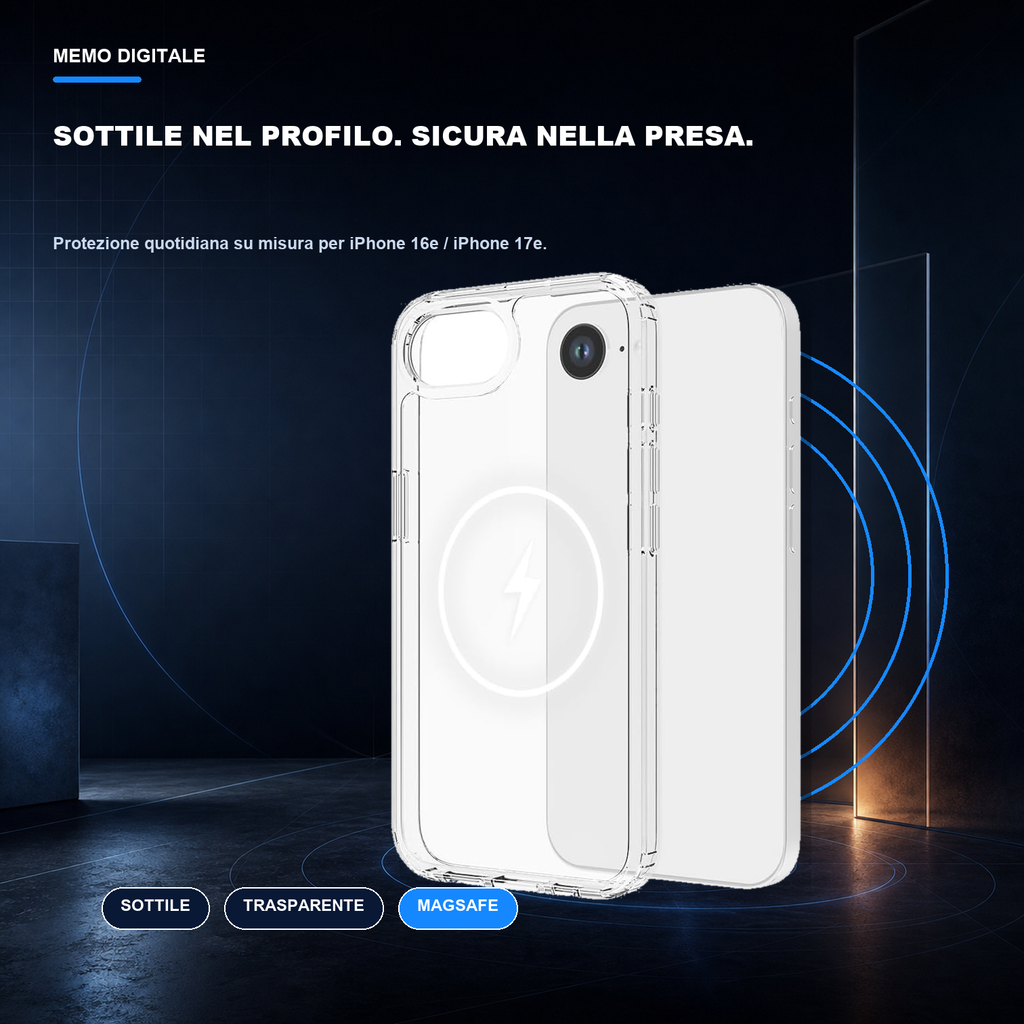 iPhone 16e / iPhone 17e | Cover trasparente MagSafe | Profilo sottile e presa sicura
