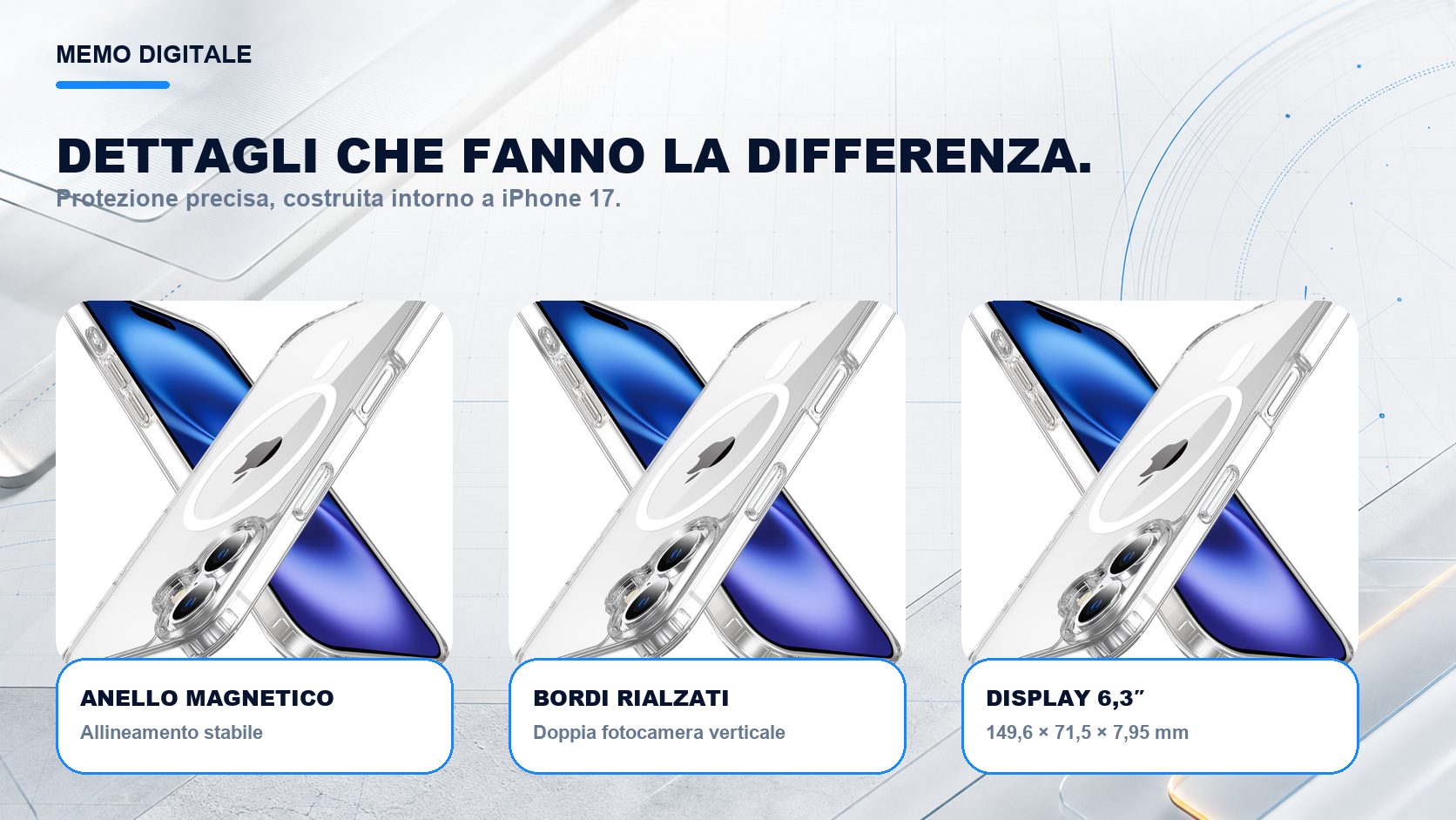 iPhone 17 · Dettagli su misura: Doppia fotocamera verticale; display 6,3″