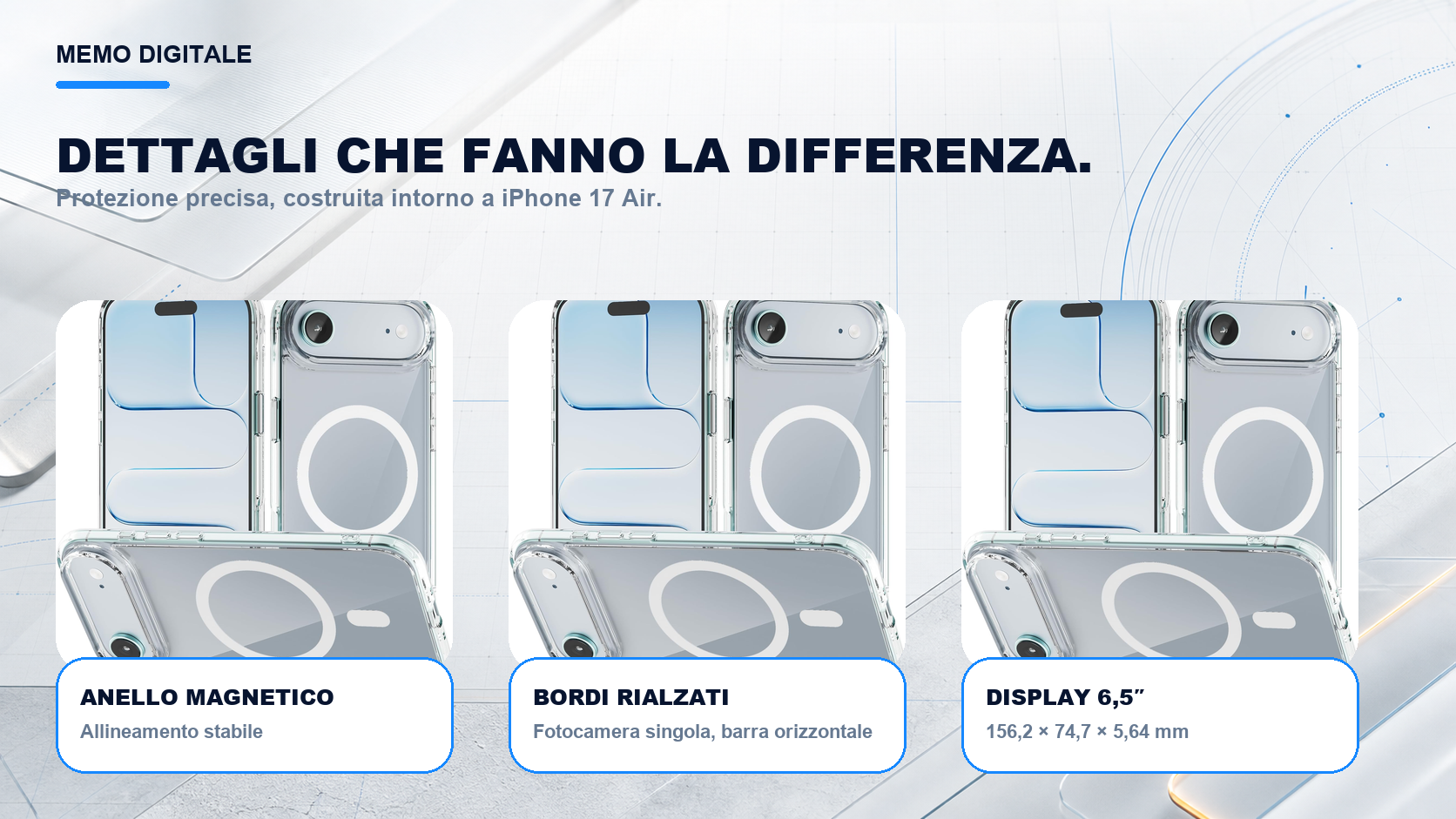 iPhone 17 Air · Dettagli su misura: Fotocamera singola, barra orizzontale; display 6,5″