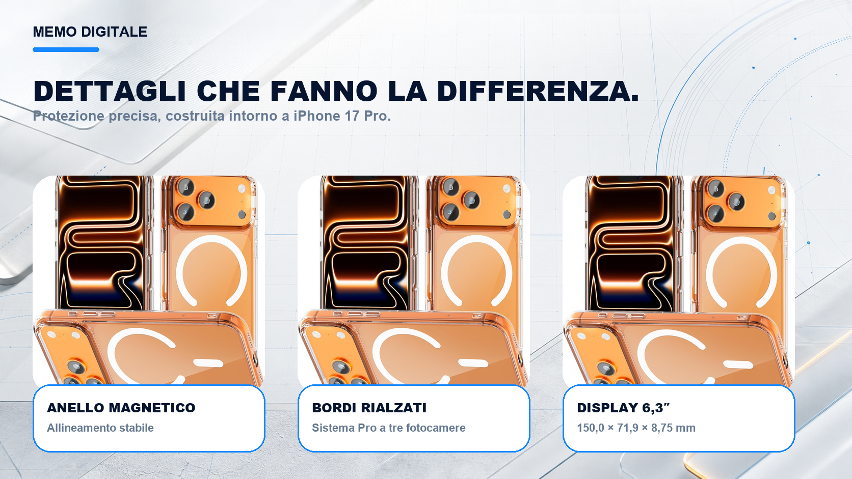 iPhone 17 Pro · Dettagli su misura: Sistema Pro a tre fotocamere; display 6,3″