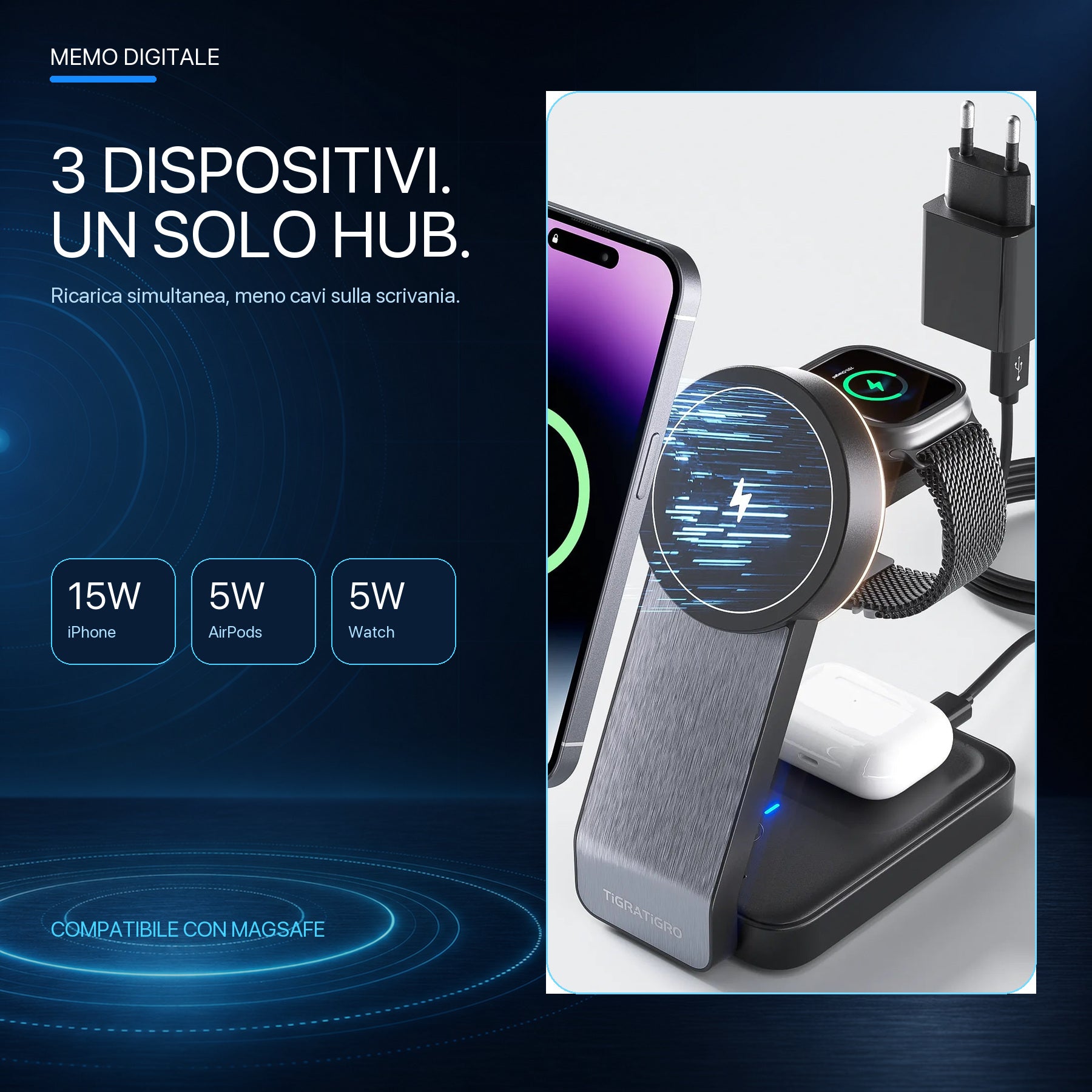 W79 nero ricarica wireless tre dispositivi in un solo hub